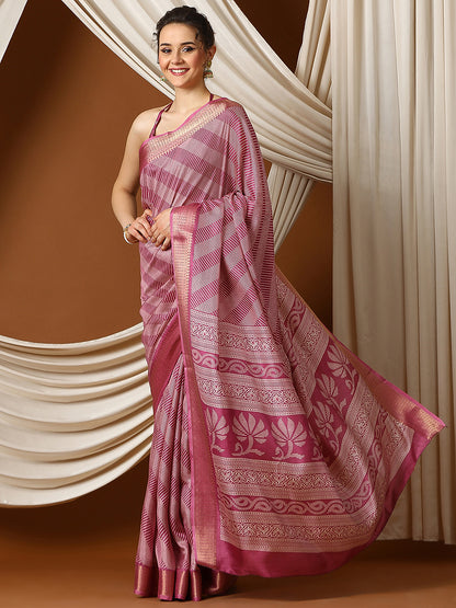 Women's Dola Silk Pink Printed Designer Saree With Blouse Piece