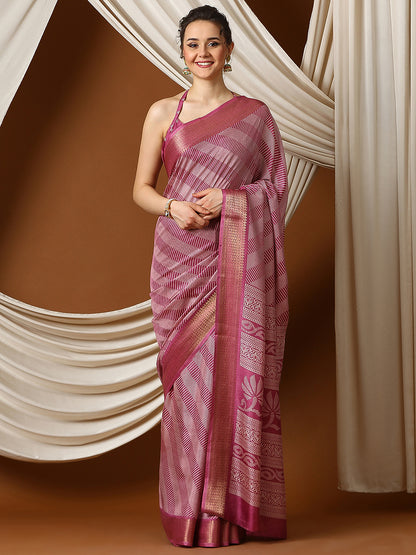 Women's Dola Silk Pink Printed Designer Saree With Blouse Piece