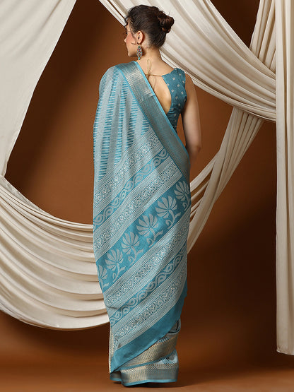 Women's Dola Silk Blue Printed Designer Saree With Blouse Piece