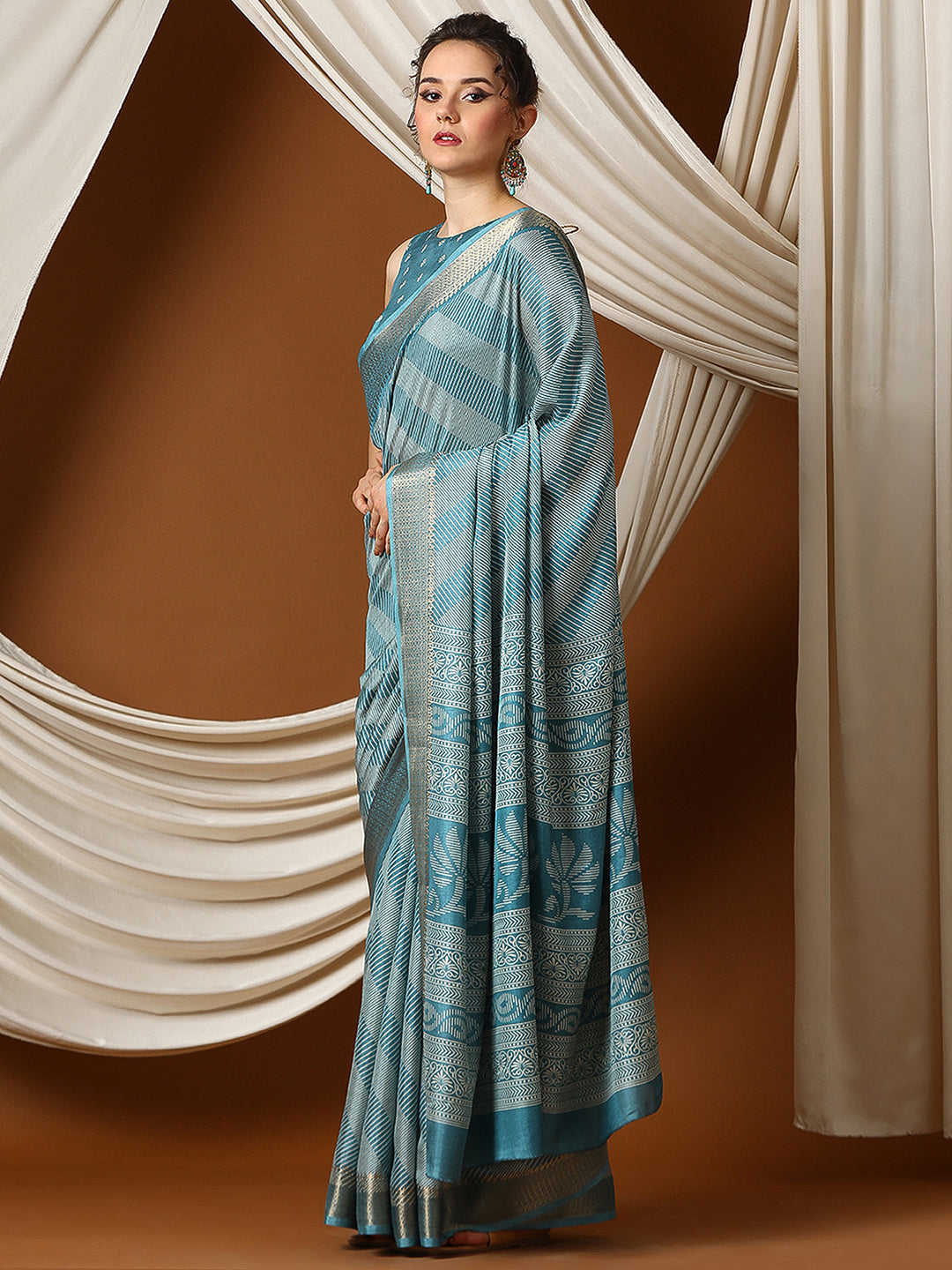 Women's Dola Silk Blue Printed Designer Saree With Blouse Piece