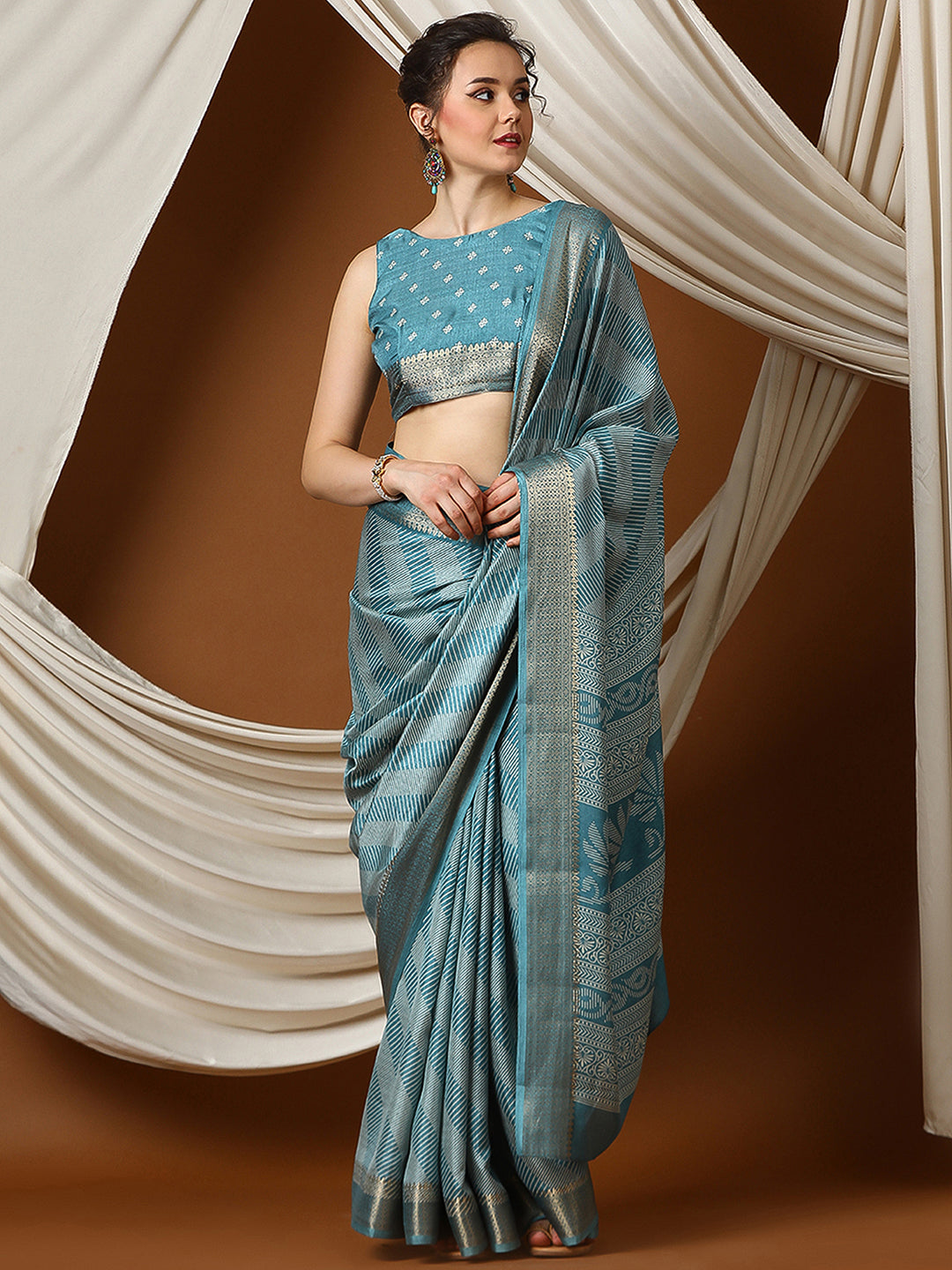 Women's Dola Silk Blue Printed Designer Saree With Blouse Piece