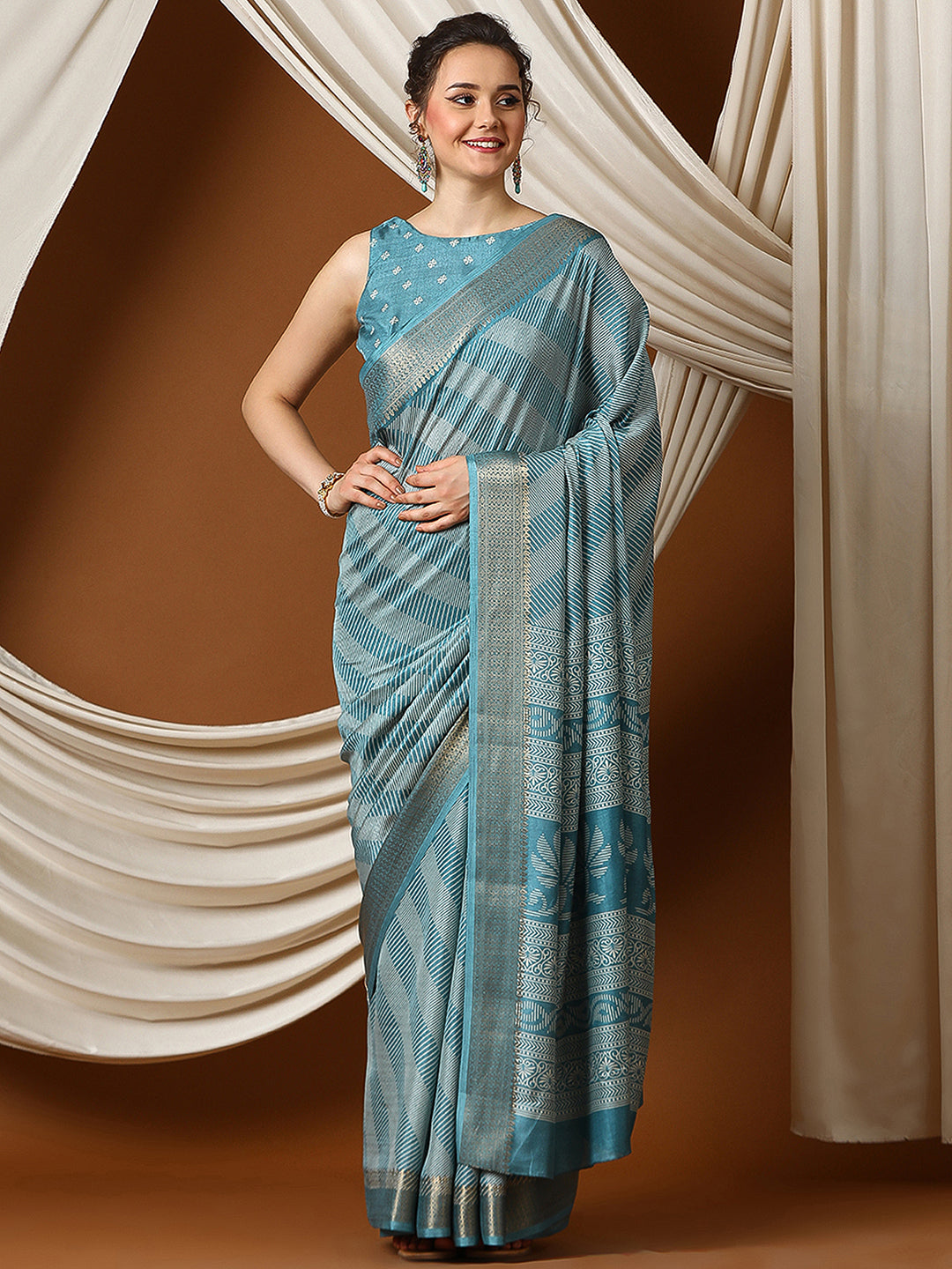 Women's Dola Silk Blue Printed Designer Saree With Blouse Piece