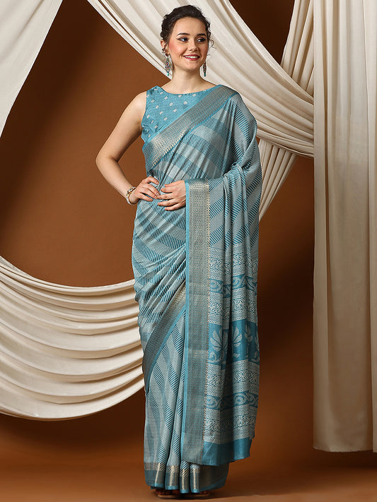 Women's Dola Silk Blue Printed Designer Saree With Blouse Piece