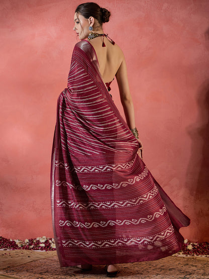 Women's Silk Blend Maroon Printed Designer Saree With Blouse Piece