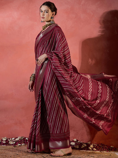 Women's Silk Blend Maroon Printed Designer Saree With Blouse Piece