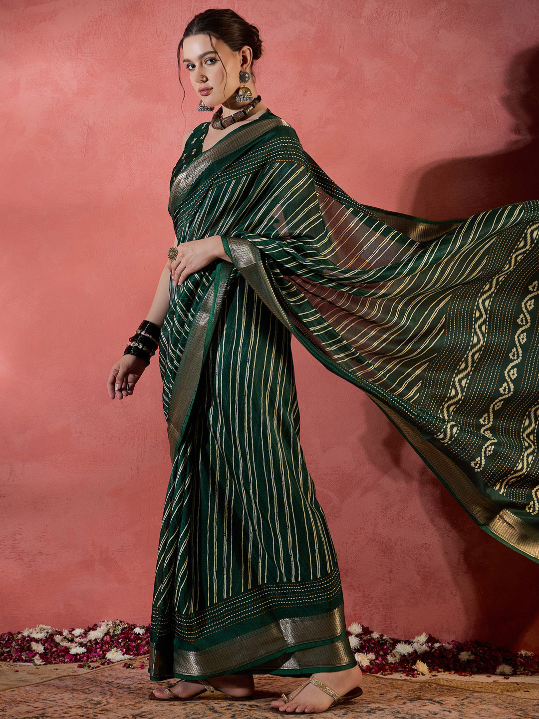 Women's Silk Blend Dark Green Printed Designer Saree With Blouse Piece