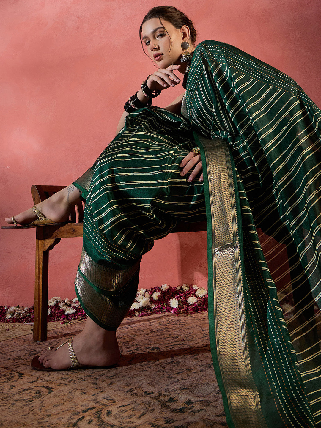 Women's Silk Blend Dark Green Printed Designer Saree With Blouse Piece