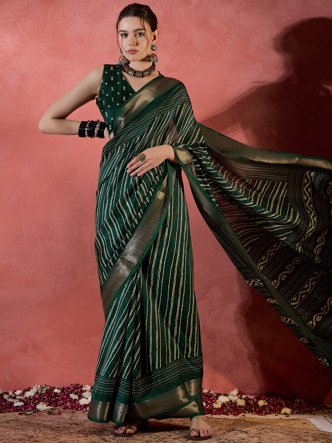 Women's Silk Blend Dark Green Printed Designer Saree With Blouse Piece