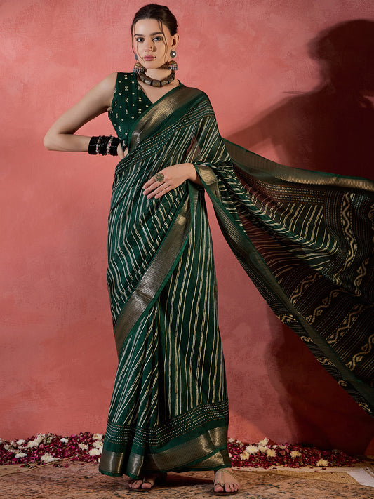 Women's Silk Blend Dark Green Printed Designer Saree With Blouse Piece
