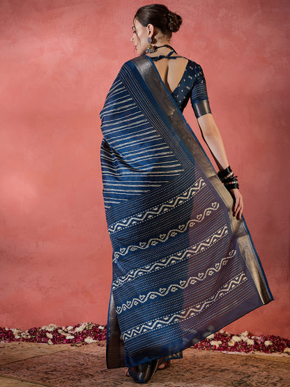 Women's Silk Blend Teal blue Printed Designer Saree With Blouse Piece