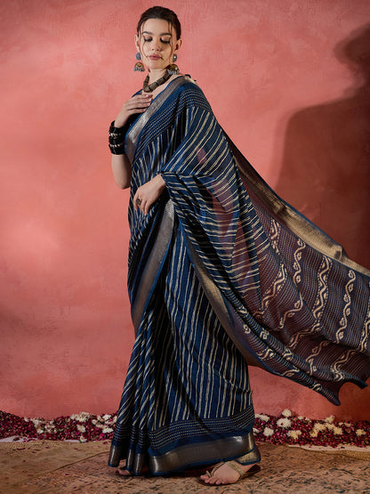 Women's Silk Blend Teal blue Printed Designer Saree With Blouse Piece