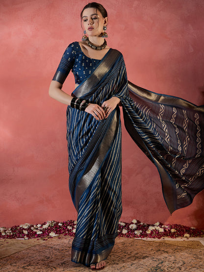 Women's Silk Blend Teal blue Printed Designer Saree With Blouse Piece