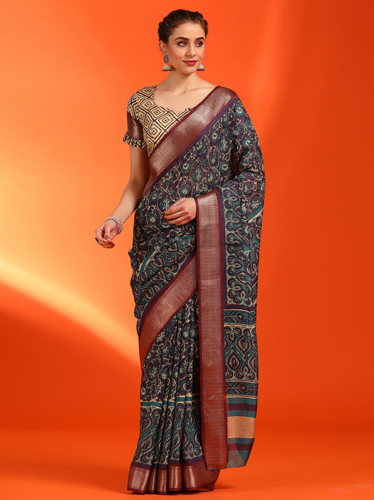 Women's Dola Silk Purple Printed Designer Saree With Blouse Piece