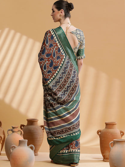 Women's Cotton Blend Brown Printed Designer Saree With Blouse Piece