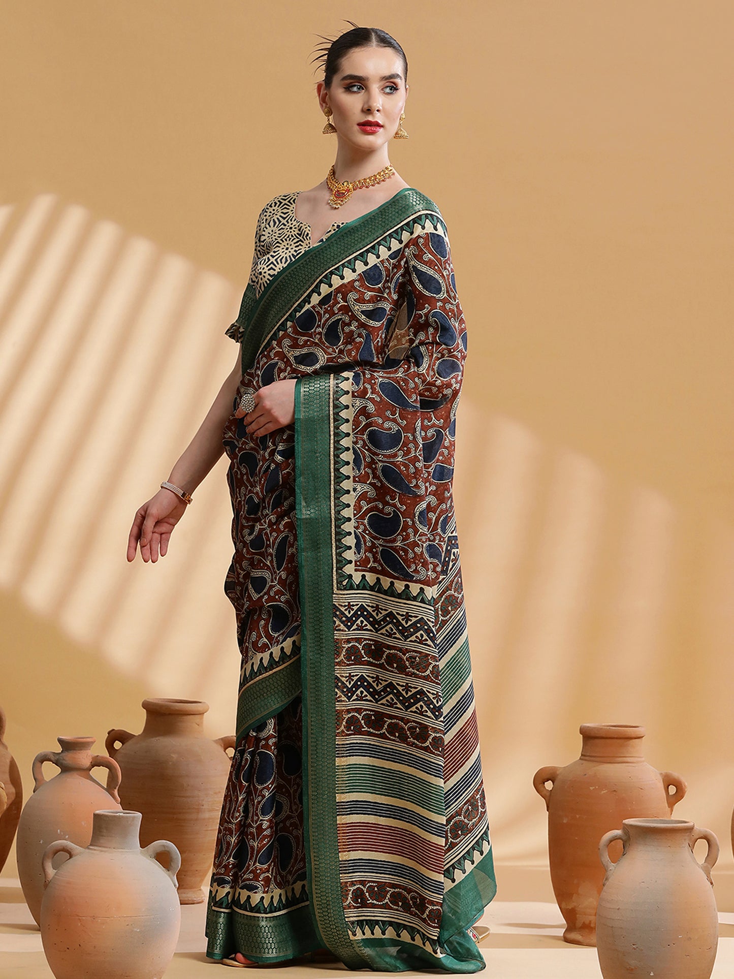 Women's Cotton Blend Brown Printed Designer Saree With Blouse Piece