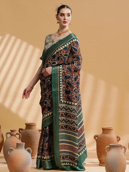 Women's Cotton Blend Brown Printed Designer Saree With Blouse Piece