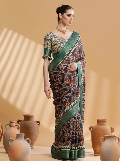 Women's Cotton Blend Brown Printed Designer Saree With Blouse Piece