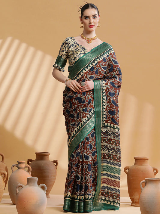 Women's Cotton Blend Brown Printed Designer Saree With Blouse Piece