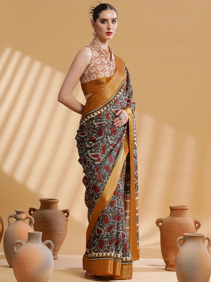 Women's Cotton Blend Charcoal Grey Printed Designer Saree With Blouse Piece