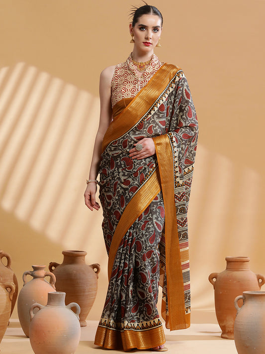 Women's Cotton Blend Charcoal Grey Printed Designer Saree With Blouse Piece