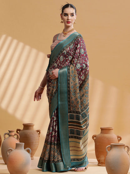Women's Cotton Blend Magenta Printed Designer Saree With Blouse Piece