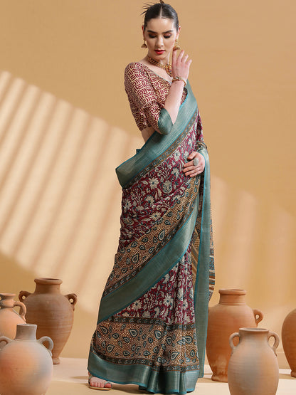 Women's Cotton Blend Magenta Printed Designer Saree With Blouse Piece