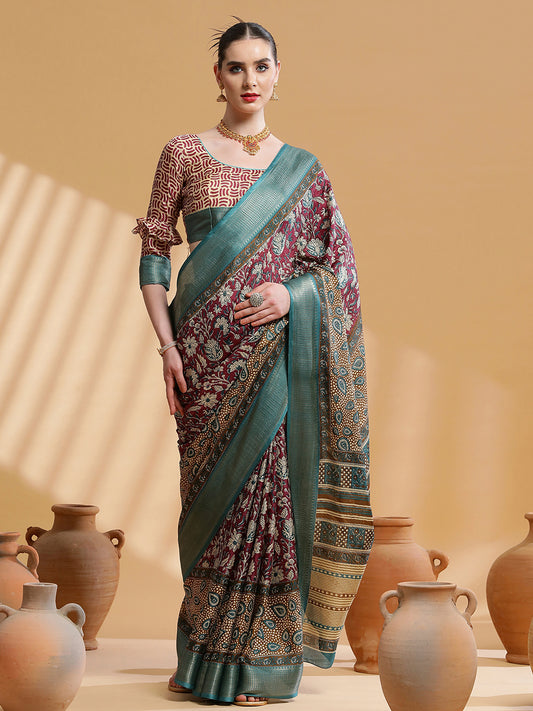 Women's Cotton Blend Magenta Printed Designer Saree With Blouse Piece