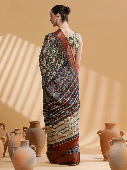 Women's Cotton Blend Dark Green Printed Designer Saree With Blouse Piece