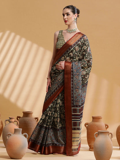 Women's Cotton Blend Dark Green Printed Designer Saree With Blouse Piece