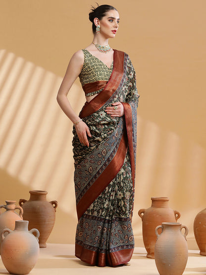 Women's Cotton Blend Dark Green Printed Designer Saree With Blouse Piece