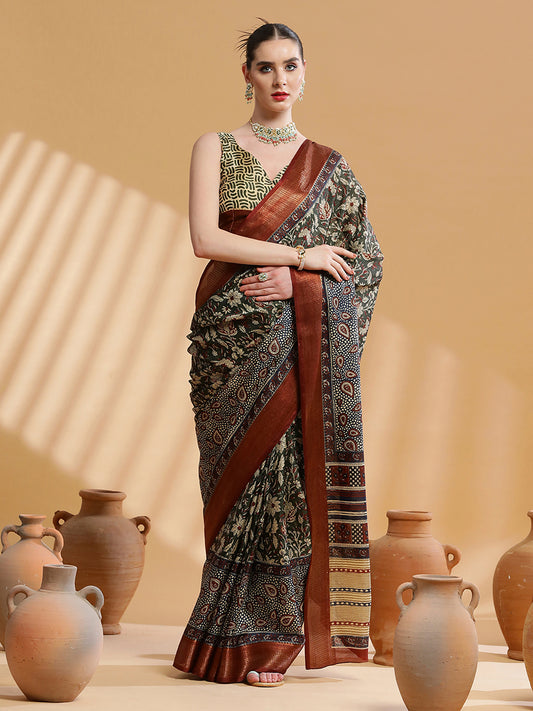 Women's Cotton Blend Dark Green Printed Designer Saree With Blouse Piece