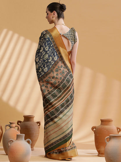 Women's Cotton Blend Navy Blue Printed Designer Saree With Blouse Piece