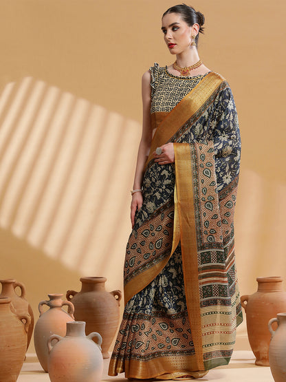 Women's Cotton Blend Navy Blue Printed Designer Saree With Blouse Piece