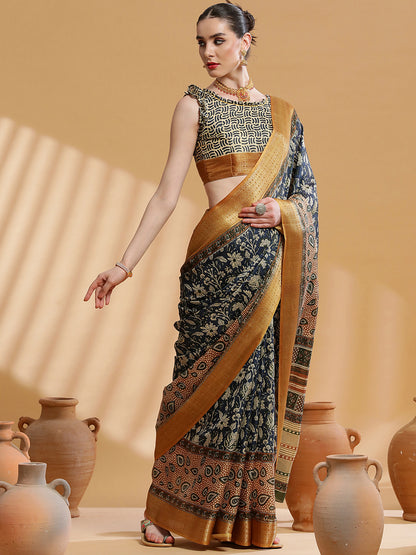 Women's Cotton Blend Navy Blue Printed Designer Saree With Blouse Piece