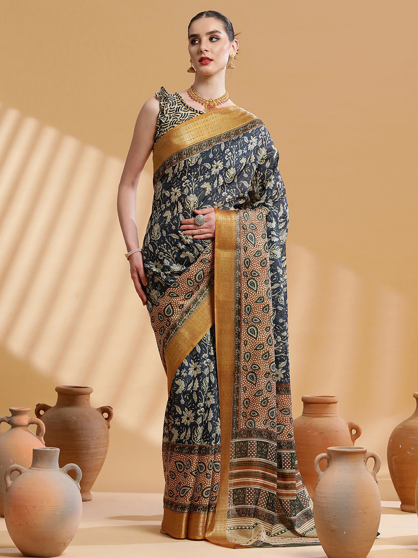 Women's Cotton Blend Navy Blue Printed Designer Saree With Blouse Piece