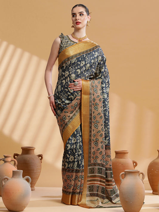 Women's Cotton Blend Navy Blue Printed Designer Saree With Blouse Piece