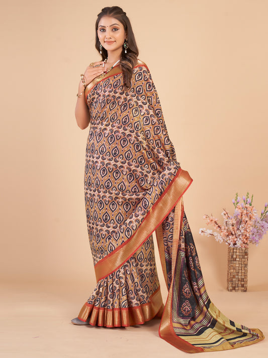 Women's Dola Silk Beige Woven Design Designer Saree With Blouse Piece