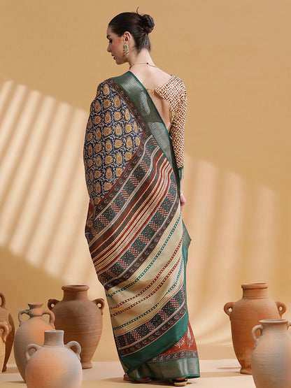 Women's Cotton Blend Navy Blue Printed Designer Saree With Blouse Piece