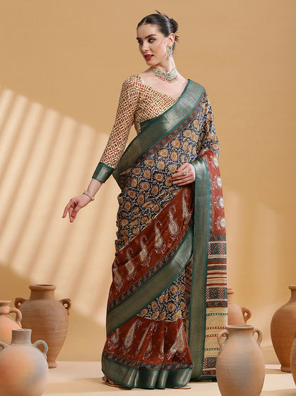 Women's Cotton Blend Navy Blue Printed Designer Saree With Blouse Piece