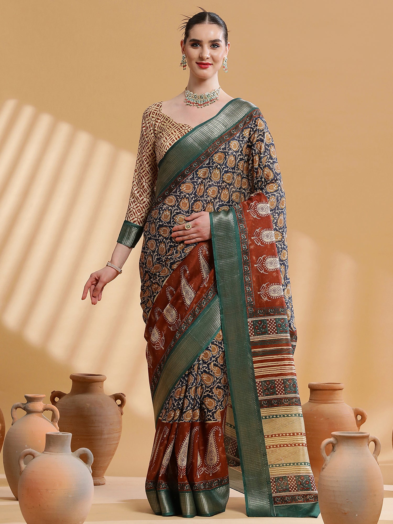 Women's Cotton Blend Navy Blue Printed Designer Saree With Blouse Piece
