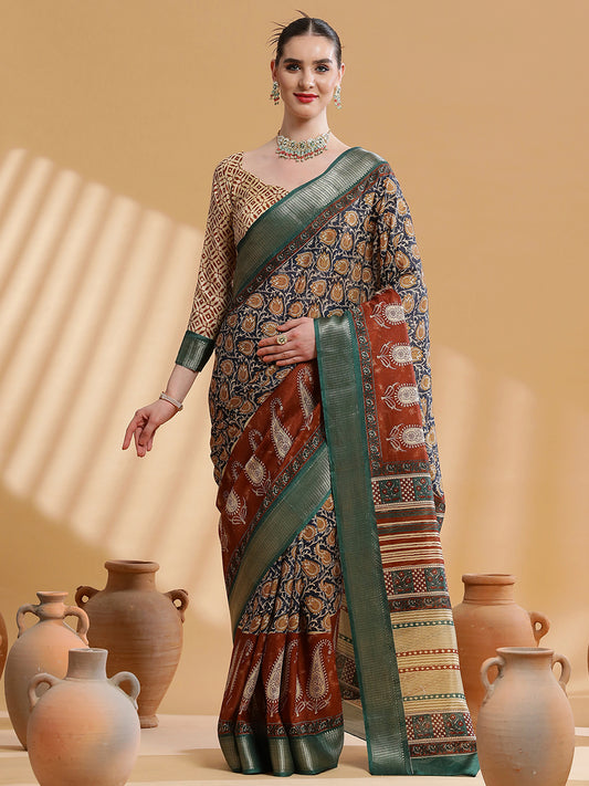 Women's Cotton Blend Navy Blue Printed Designer Saree With Blouse Piece