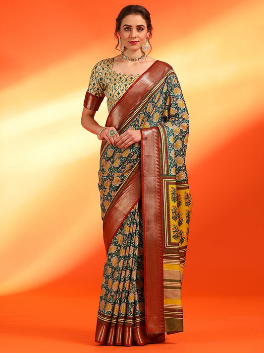 Women's Dola Silk Dark Green Woven Design Designer Saree With Blouse Piece