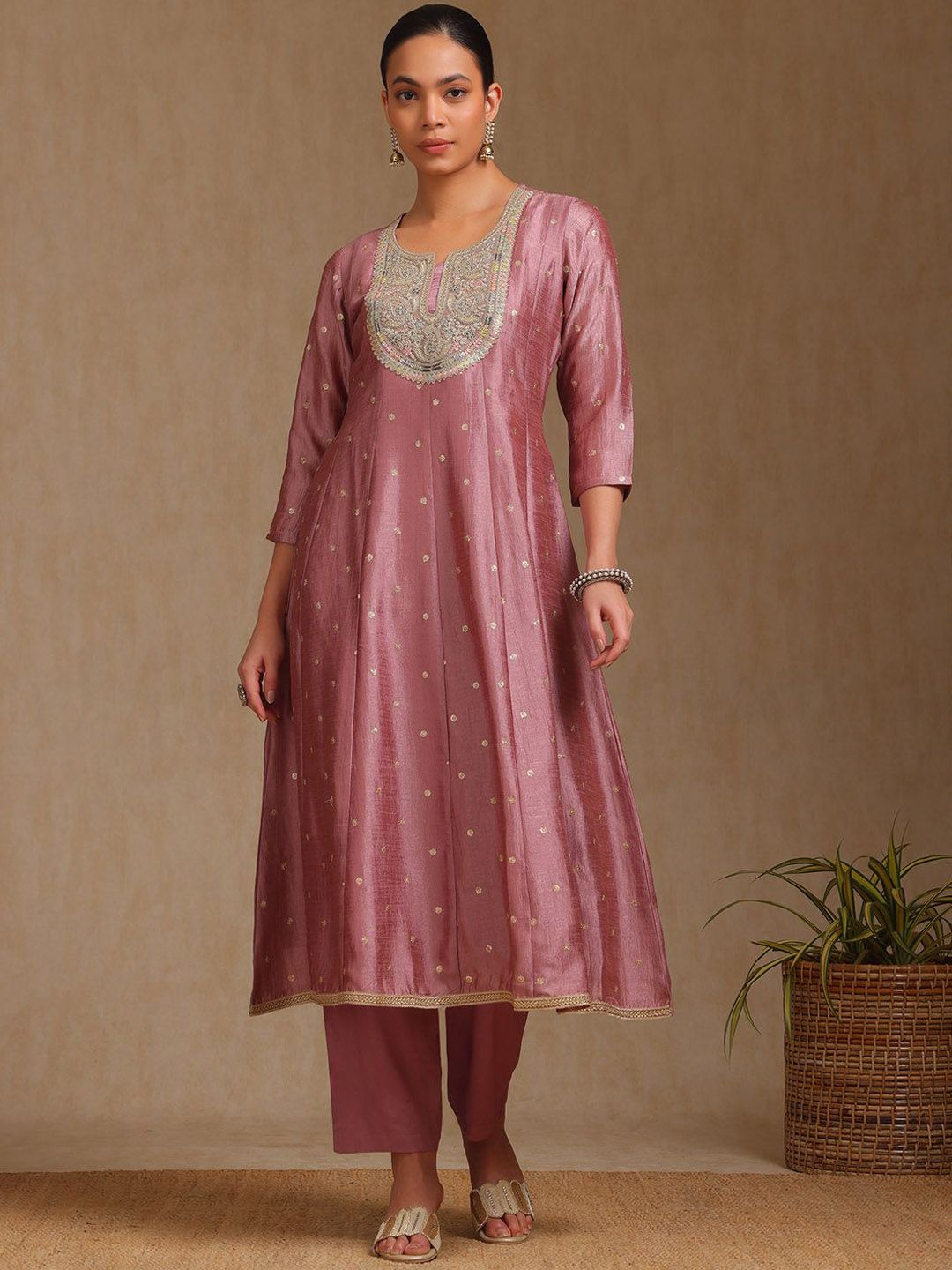 Dhiyona SO Women's Ethnic Motifs Woven Design Zardozi Round Neck Anarkali Kurta With Trousers & Dupatta