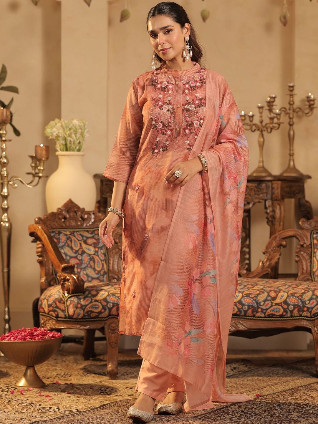 Floral Embroidered Straight Thread Work Kurta With Trousers & Dupatta