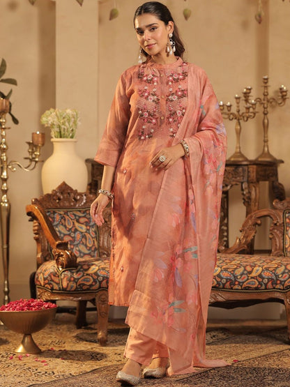 Floral Embroidered Straight Thread Work Kurta With Trousers & Dupatta
