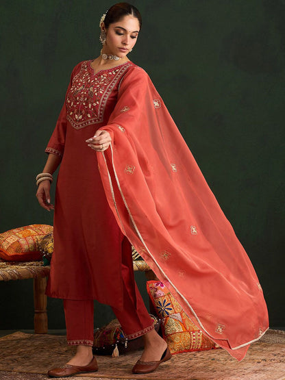 Dhiyona IE Ethnic Motifs Embroidered Thread Work Straight Kurta With Trousers & Dupatta