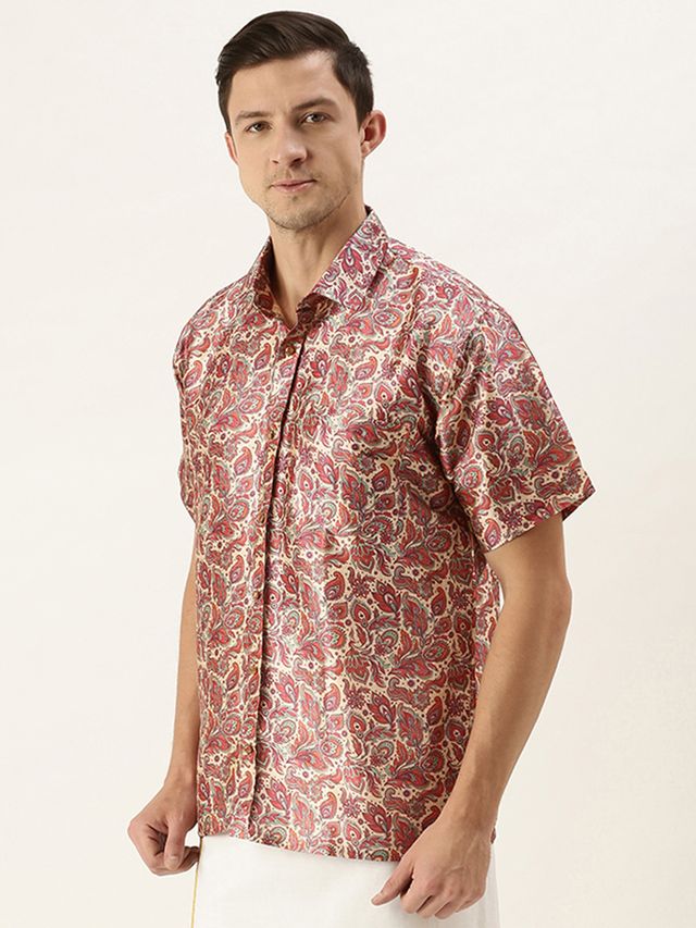 Men's MulticolorBasePink Silk Blend Straight Ethnic Shirt