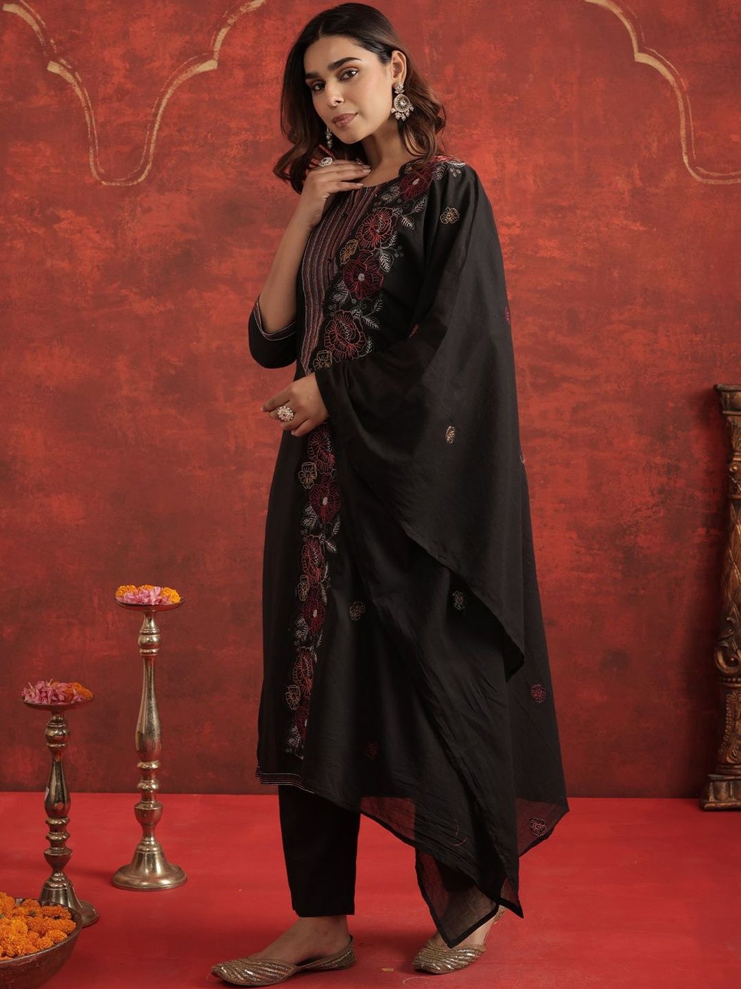 Women Floral Embroidered Cotton Kurta with Trousers & Dupatta