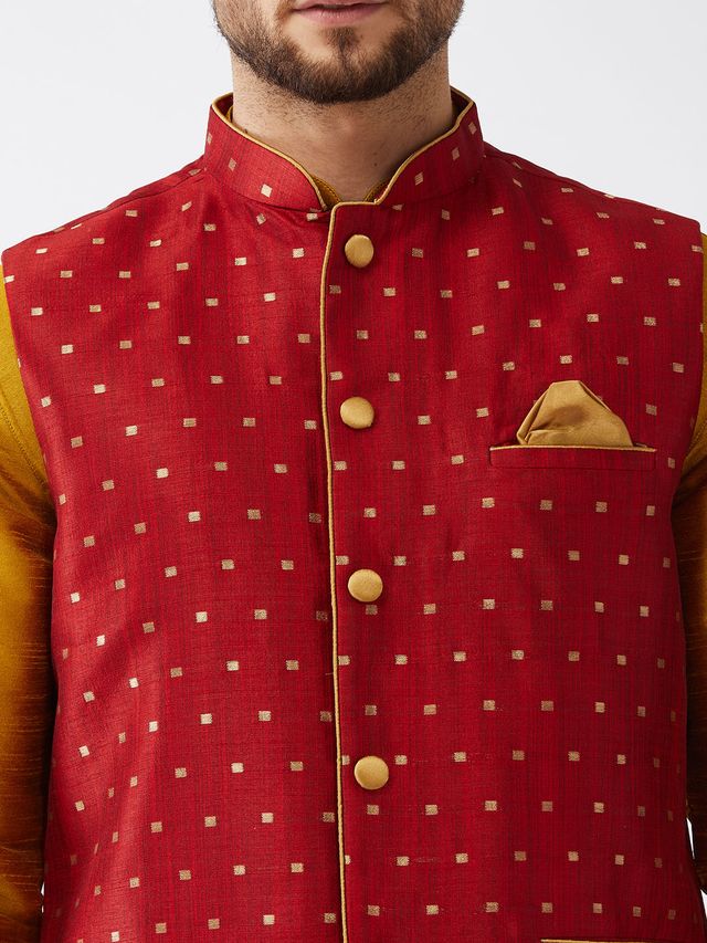 Men's Mustard Silk Blend Straight Jacket  Kurta and Dhoti Set