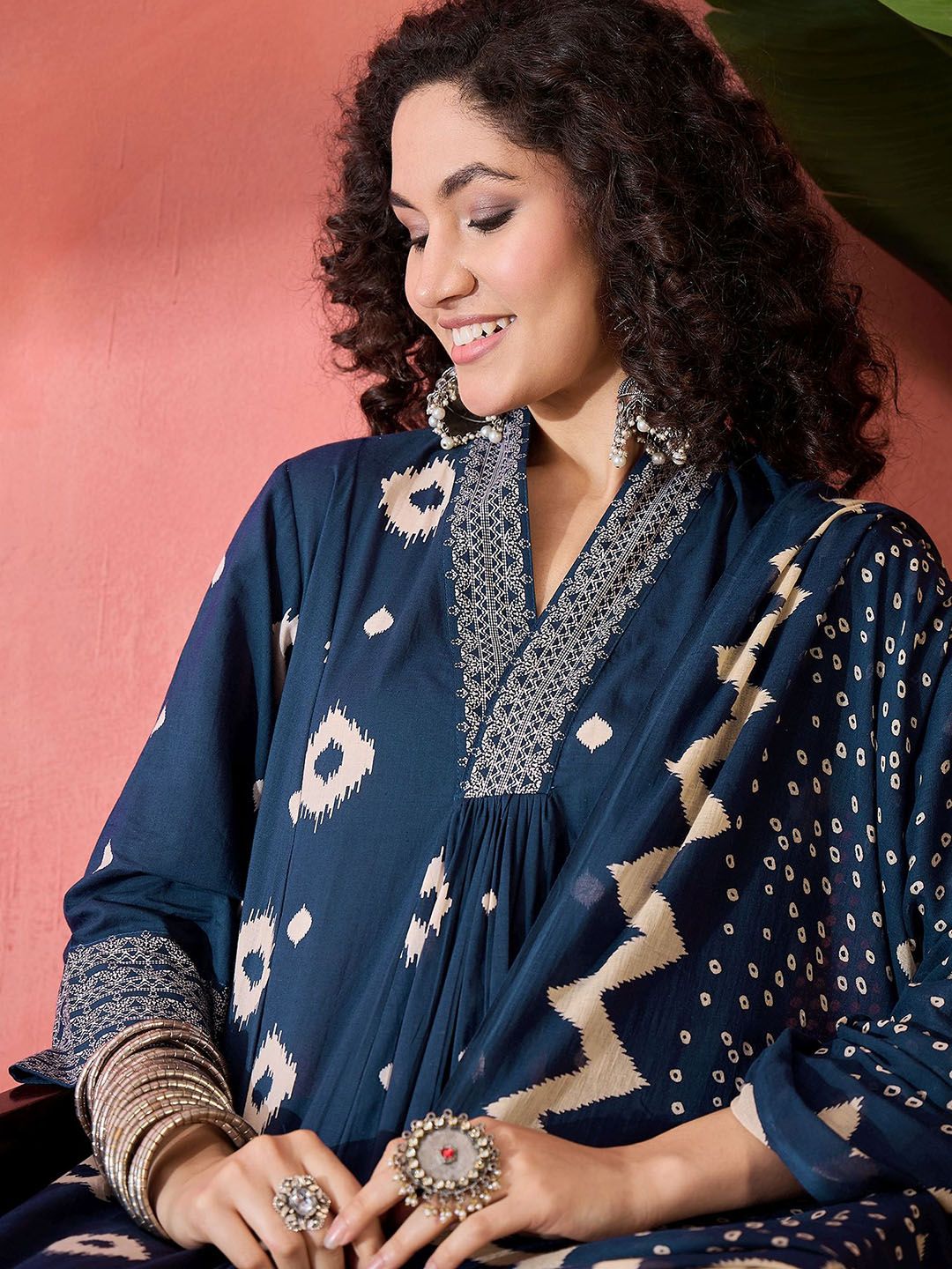 Dhiyona SN Women's Geometric Printed V-Neck Pleated Pure Cotton A-Line Kurta With Trouser And Dupatta
